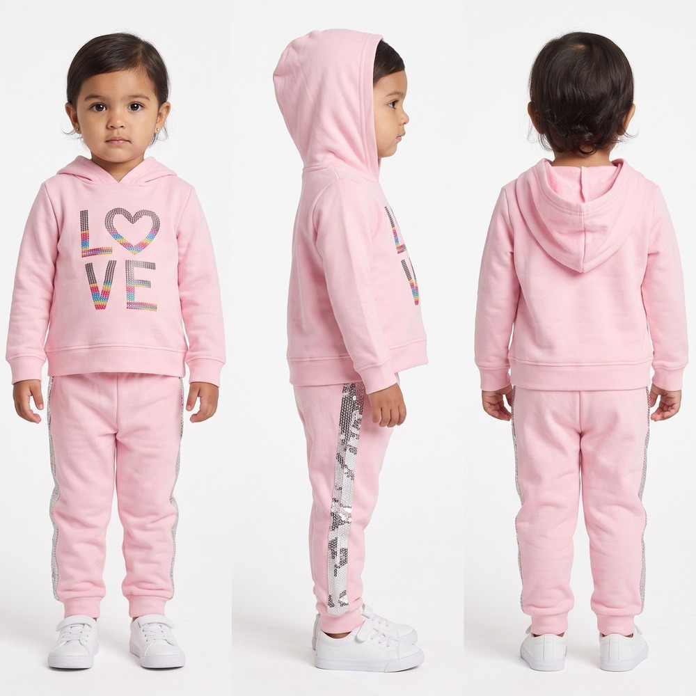 Btween Baby Girls Fleece Pants & Love Hoodie Outfit Set 24 Months‎ Pink Silver